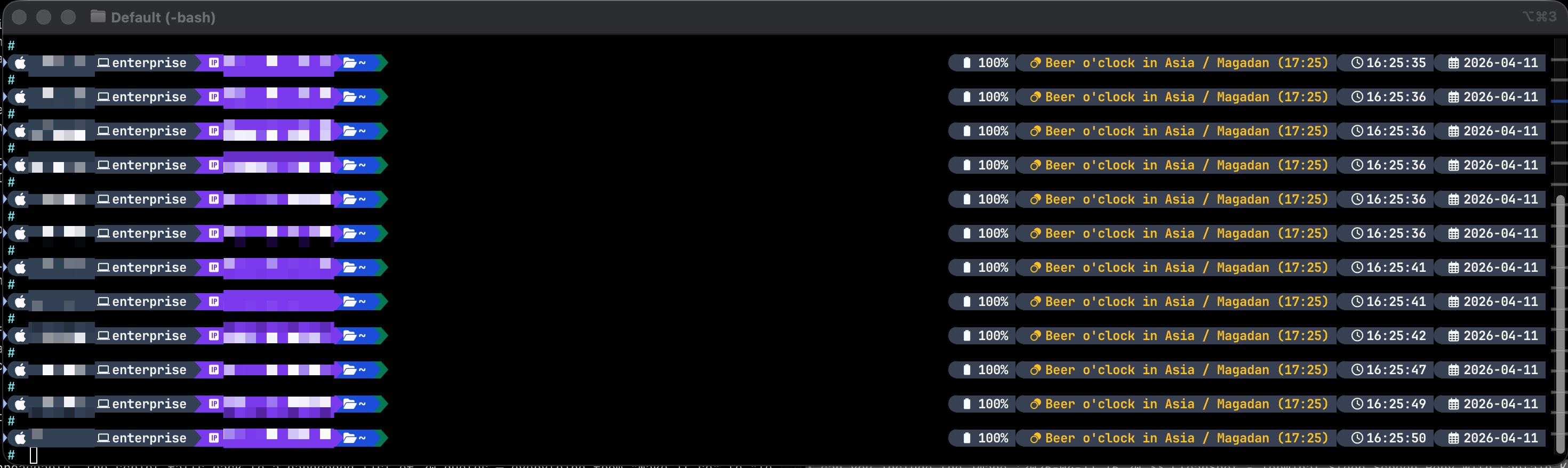 Terminal showing a Claude Code session with Starship prompt — dark background, coloured powerline segments, and right-side time and date display